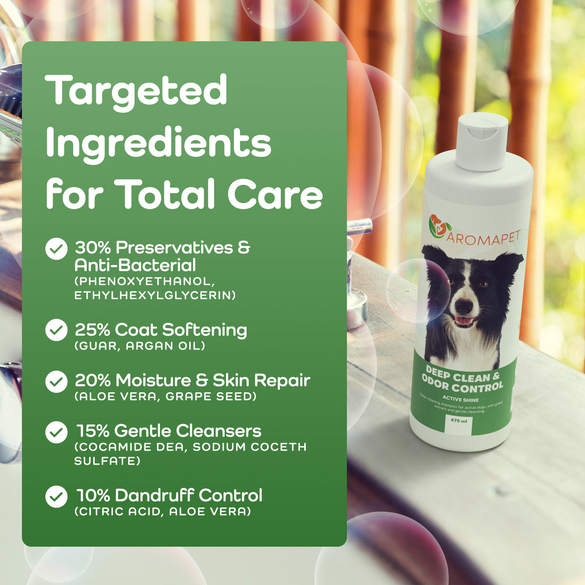 Dog shampoo bottle with targeted ingredients for total care on a green label, set against a blurred background.
