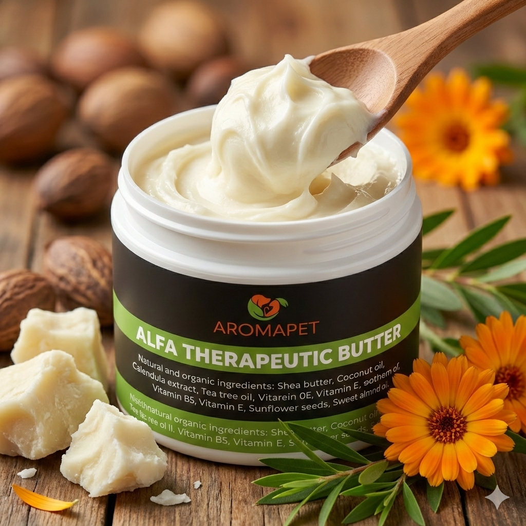 A jar of Aromapet Alpha Therapeutic Butter with a wooden spoon lifting the creamy white balm, set on a rustic wooden surface with shea butter pieces, whole nuts, and orange flowers.