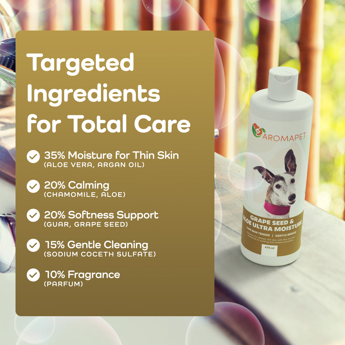 Dog shampoo bottle with targeted ingredients for total care on a blurred natural background