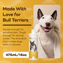 Dog shampoo bottle with a bull terrier on a yellow background, featuring text about the product's benefits for bull terriers.