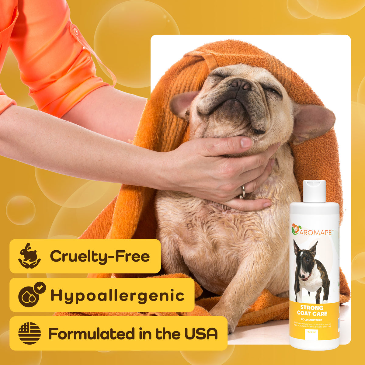 Person holding a dog wrapped in an orange towel with a bottle of Romapet shampoo on a yellow background