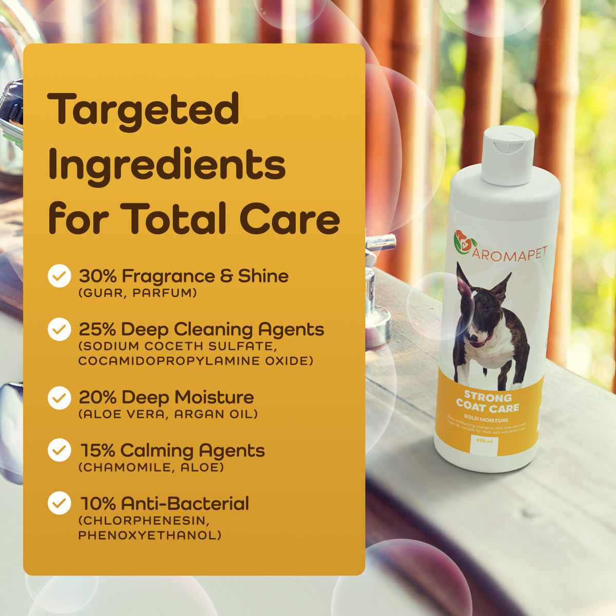 A bottle of Aromapet Strong Coat Care pet shampoo is shown next to a large yellow informational panel detailing its targeted ingredients for total care, set against a blurred background of a bathroom or grooming room.
