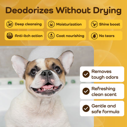 A French bulldog wearing a white bath cap appears on a yellow promotional graphic with text claiming the product deodorizes without drying, lists benefits, and says it removes tough odors, is refreshing with a clean scent, and is gentle and safe.