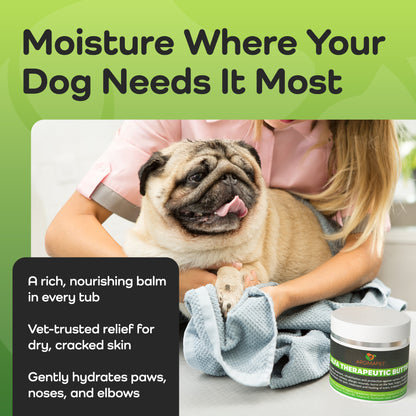 Promotional graphic for a dog joint and skin balm, featuring a pug wrapped in a blue towel while being held by a veterinarian. A jar of 'Artemis Veterinary Multi-Therapeutic Balm' is shown in the foreground, with text overlays highlighting key benefits against a green and white background.