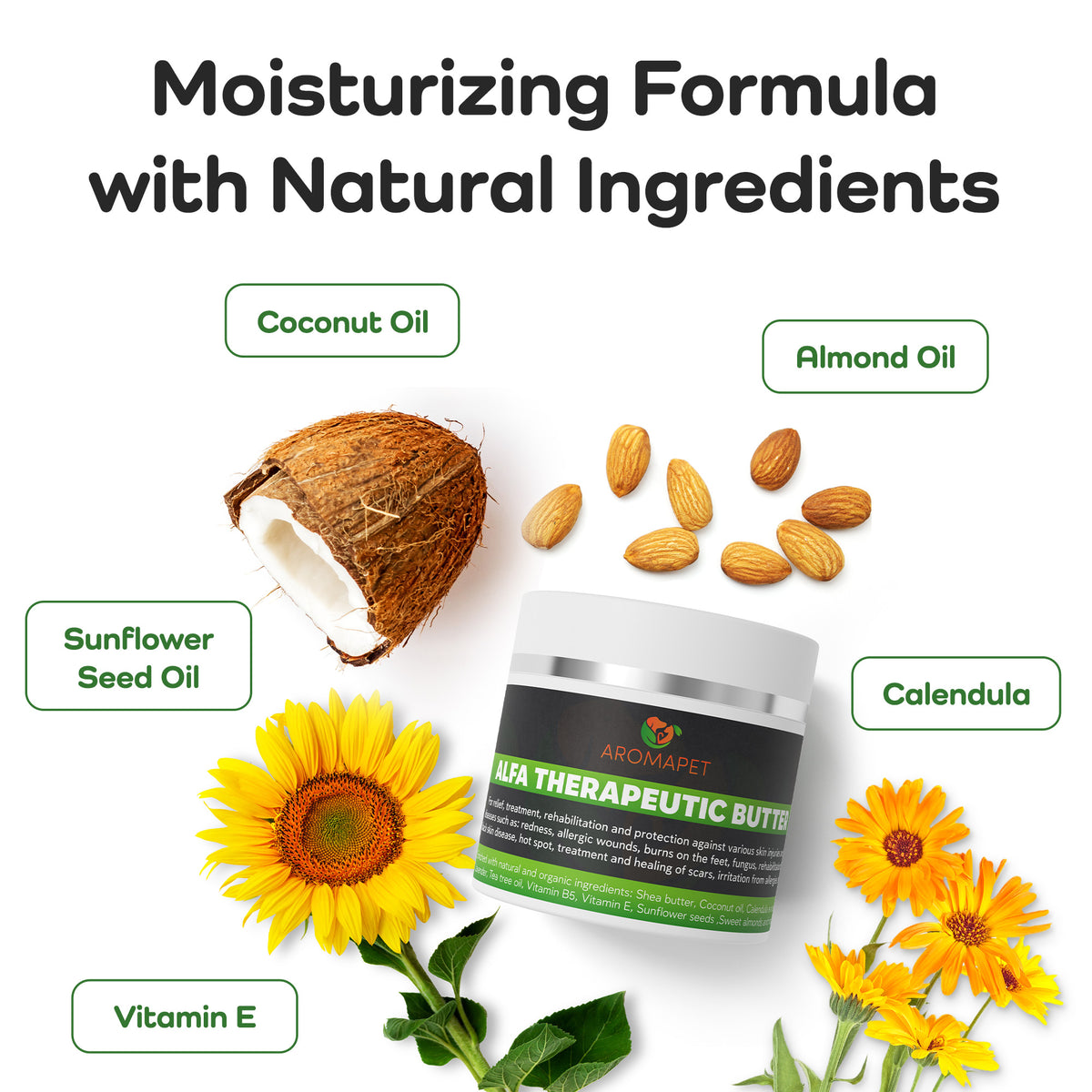 A jar of ARROWHEAD Alfa Therapeutic Butter centered on a white background, surrounded by labeled ingredients: a coconut, almonds, sunflower seed oil, calendula flowers, and a vitamin E flower. Large text at the top reads 'Moisturizing Formula with Natural Ingredients.
